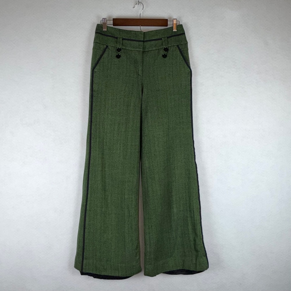 Leifsdottir Green Herringbone Wide Leg Wool Blend Pants Women Size 4 Academia